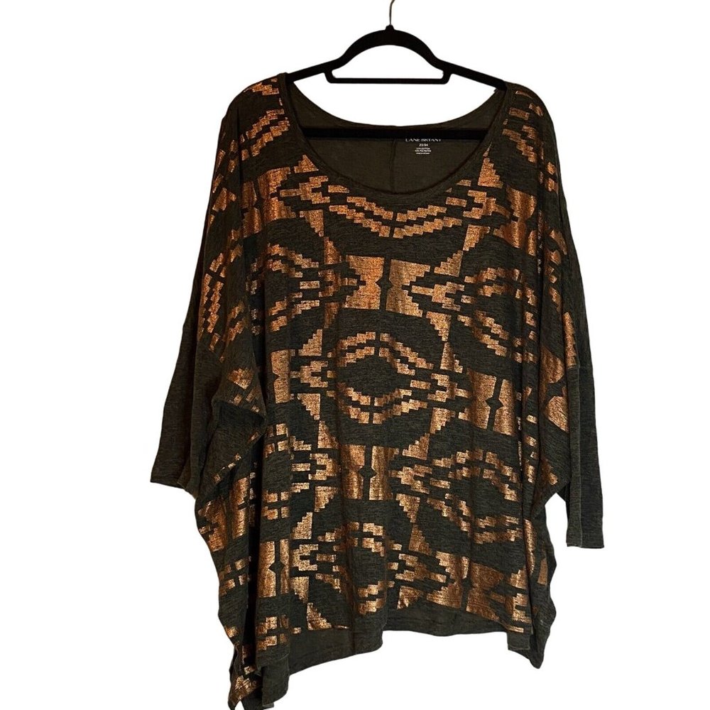 Lane Bryant Size 22 Dk Heather Green W/ Copper Patterned Front Short Sleeved Top